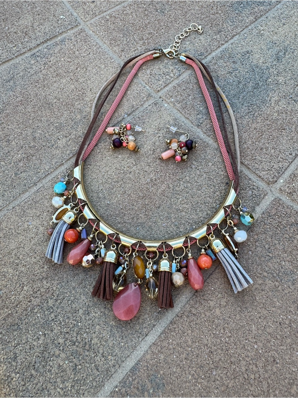 Boho Multi-Tassel Statement Necklace and Earring Set - Pink, Brown, Coral